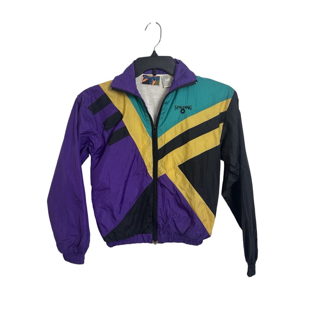 Vtg 90s Spalding Youth Colorblock Windbreaker Jacket Medium 12/14 Purple Gold